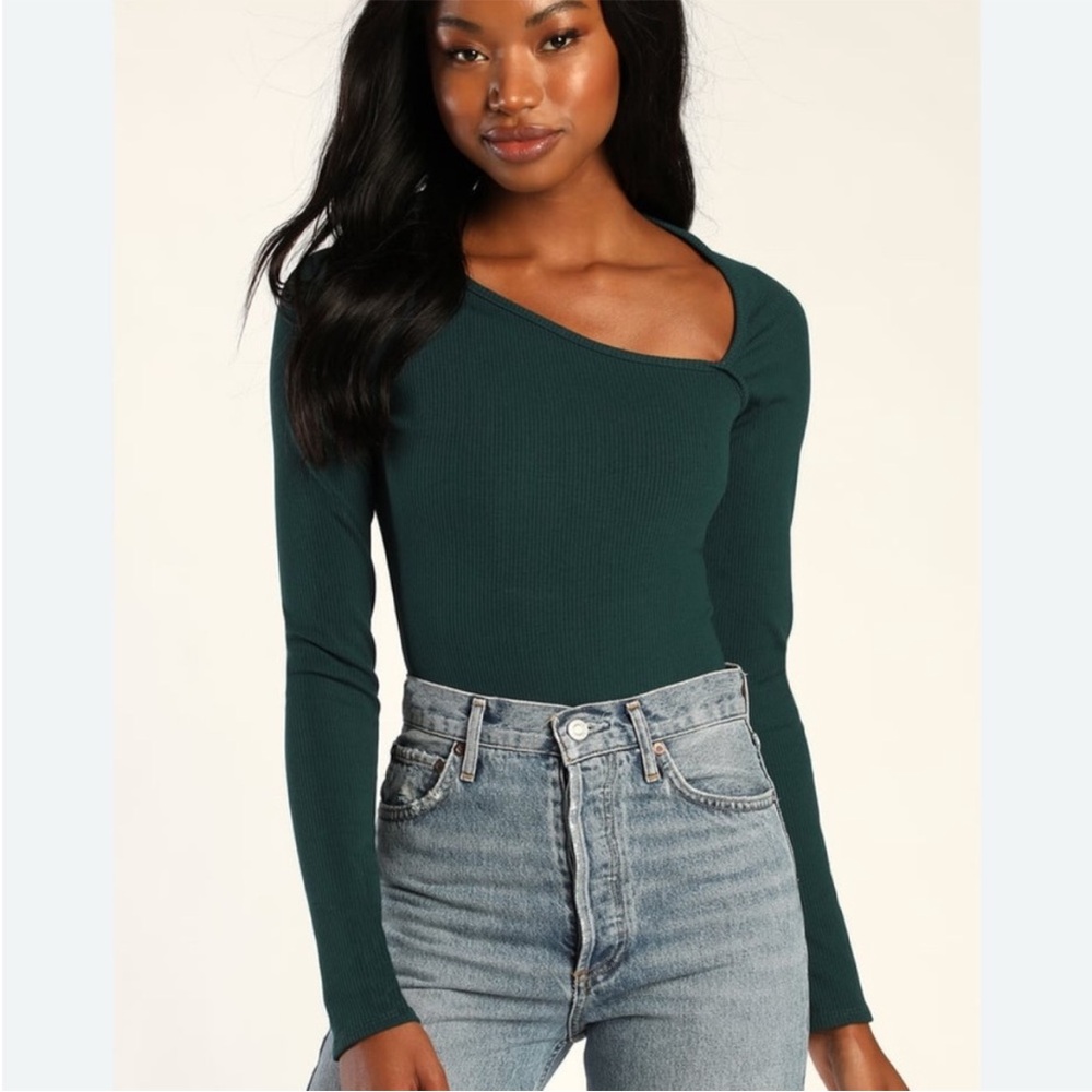 Lulus Always Appealing Green Assymetrical Ribbed Knit Body Suit XL